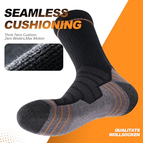 Merino Wool Hiking Socks - Lightweight Breathable Cushioned Crew Socks - Medium / Black & Grey