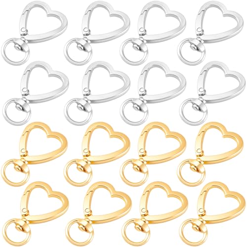 OIIKI 16PCS Heart Shape Keychain Clips Gold Silver Lobster Clasps for DIY Bags Keys