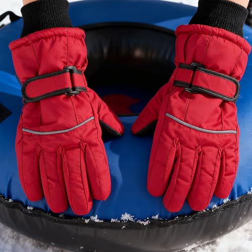 Kids Winter Ski Gloves - Warm Windproof for 5-10T - Curved Red