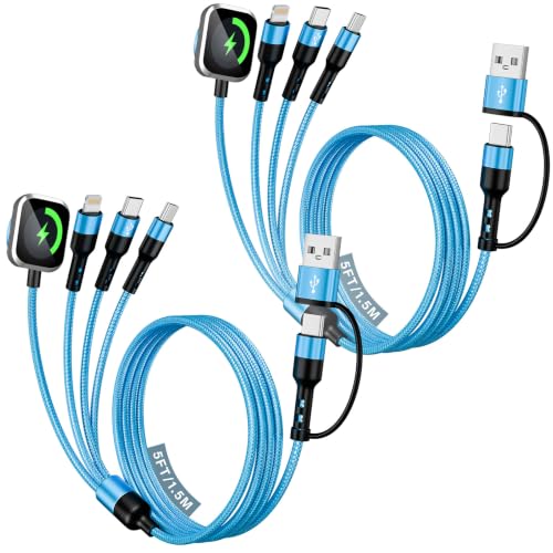 Jogrytece 2-Pack Royal Blue 5FT Dual USB-C Multi Charging Cable with iWatch Charger
