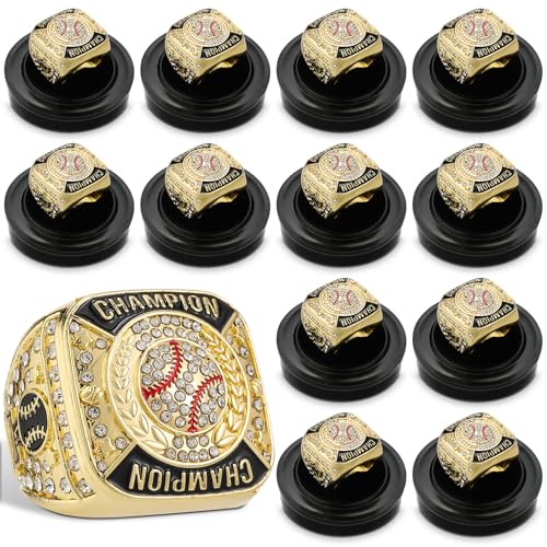 Baseball Championship Rings Set - 12 Pcs Gold with Display Stands
