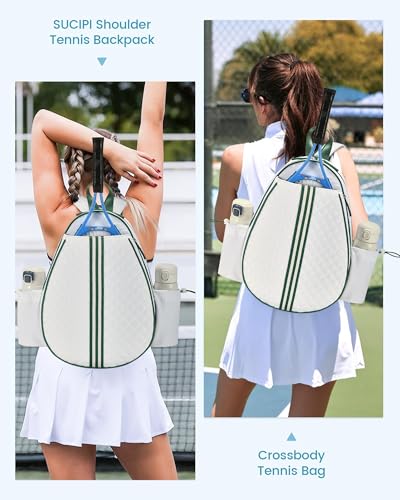 Sucipi White Green Quilted Tennis Bag for Women - Medium Racket Backpack