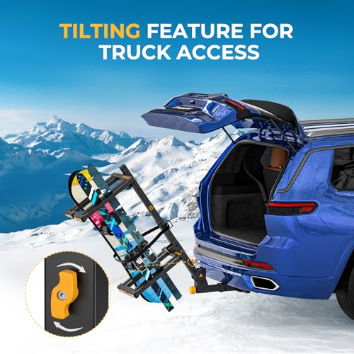 Lockable Folding Ski & Snowboard Rack for 2" Receiver - Holds 6 Skis or 4 Boards