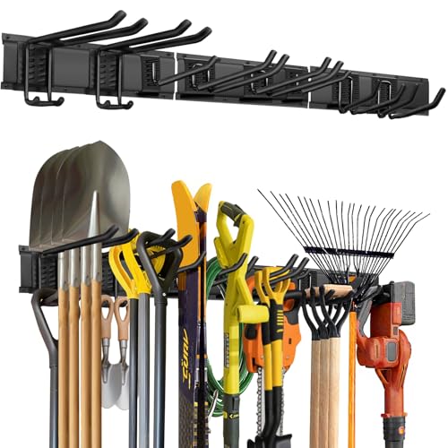 48-Inch Garage Storage Tool Organizer with 8 Hooks - Heavy Duty Metal Rack for Garage Organization, Garden Tool Organizer - Wall Mounted Tool Hanger for Shovels, Ladders, Lawn Tools