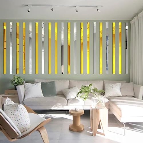 10 Pcs Gold Mirror Wall Stickers Striped Design Mirror Art Tile Decal DIY Self Adhesive Wall Line Border Decals Removable Acrylic Mirror Sheets Wall and Murals for Home Decor (5 * 20cm)
