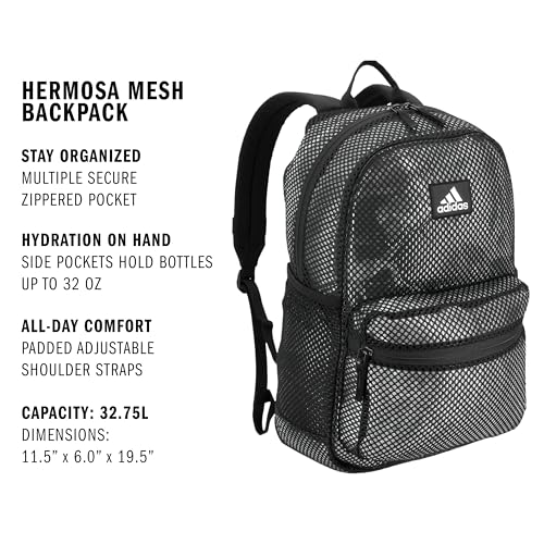 adidas Hermosa Mesh See-Through Backpack Black/White 29L - Festival & Beach Bag, One Size