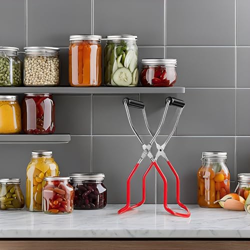 Stainless Steel Canning Jar Lifter Tongs with Rubber Grips - Red