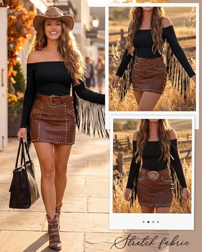 Women Large Black Fringe Western Cowgirl Shirt Off Shoulder Fitted Top