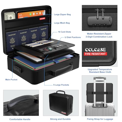 COLCASE Fireproof Document Bag with Lock, Fireproof Waterproof File Organizer Bag 5 Layers Protection Fireproof Bag Storage for Laptop Certificates Documents Passport 15 x 11 x 4.7 inches (Black)