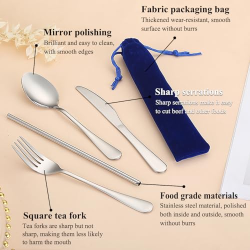 Portable Stainless Steel Flatware Set - Reusable Camping Cutlery - Blue Bag