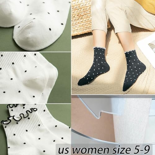 CHUNFO White Stripe Ribbed Frilly Socks 4Pack Women's Crew Socks US 5-9, One Size