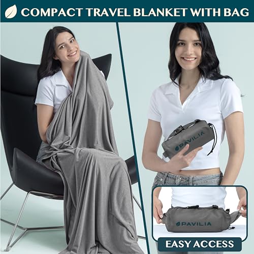 PAVILIA Gray Travel Blanket 65x40 Inches Lightweight Compact with Bag