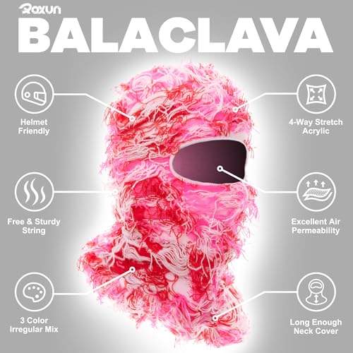 Distressed Ski Mask Balaclava - Fluffy Knitted Full Face - Pink Mixed