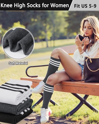Knee High Cotton Socks for Women - 3 Pairs Dark Grey, White, Black