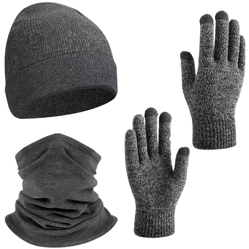 Winter Hats Neck Gaiter Gloves Set - Grey Beanie & Touchscreen Gloves
