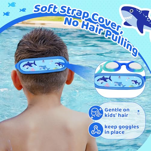 Vvinca Kids Swim Goggles Shark Blue / Adventure - Toddler Pool Goggles with Fabric Strap, No Tangle, 2-8 Years