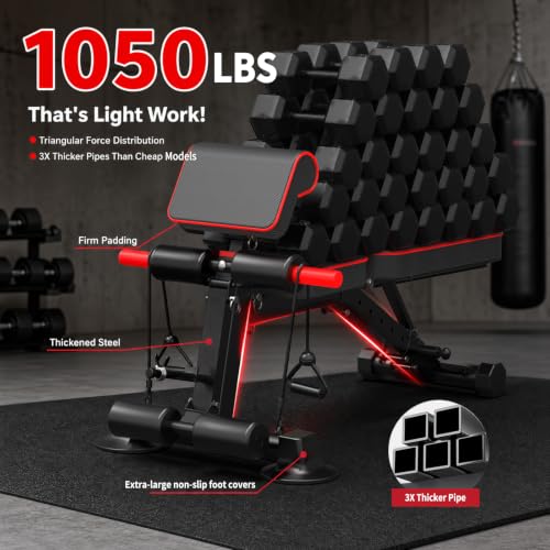 Adjustable Weight Bench - 1050lbs Capacity, Foldable Home Gym