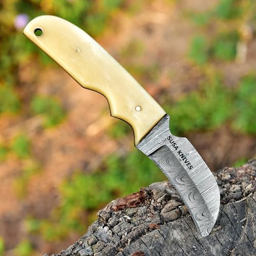 SUSA KNIVES 1095 Steel Hawkbill Fixed Blade Knife STEEL BONE with Leather Pancake Sheath