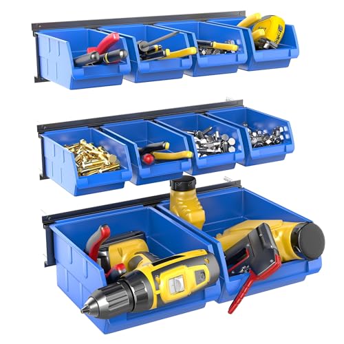 WALMANN Wall Mounted Storage Bins for Small Parts, 10 Bins with 3 Metal Rails, Plastic Wall Bins for Screws, Bolts, Nuts, Craft Room, Workshop, and Garage Storage Bins(Blue)