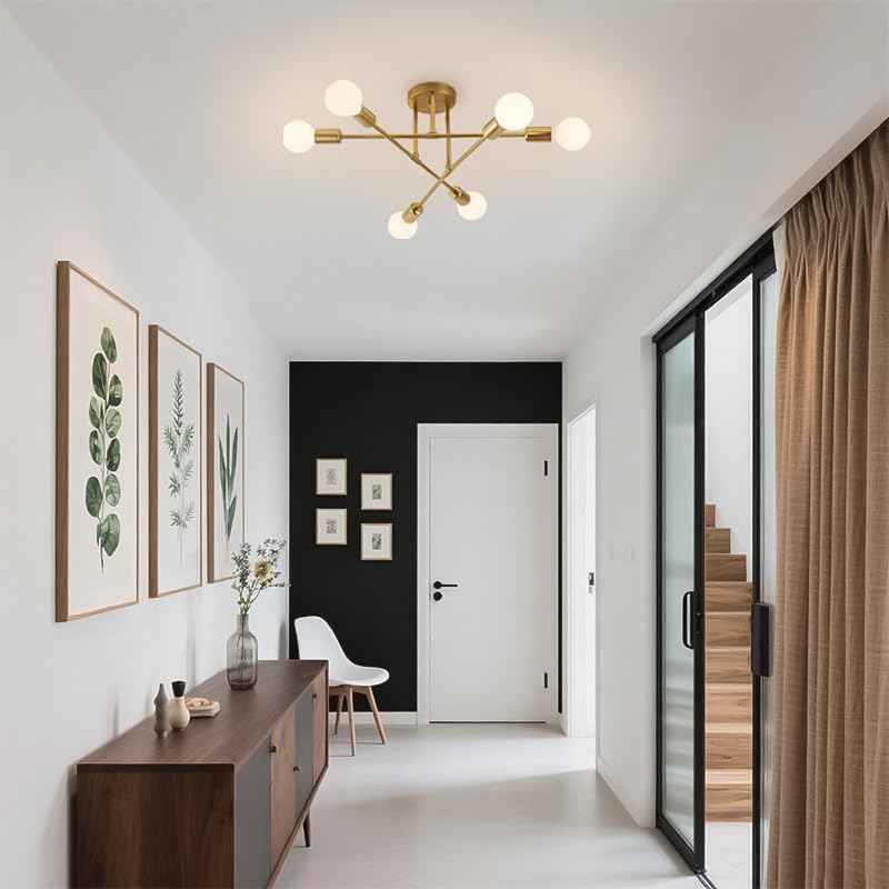 YXTH Semi Flush Mount Ceiling Light Fixture, 6 Lights Modern Sputnik Chandelier Ceiling Lamp with E26 Bulb Base, Light Fixtures Ceiling Mount for Bedroom Kitchen Living Room Hallway (Gold)