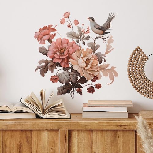 Peony Magpie Flower Wall Stickers, sacinora Chinese Style Floral Art Wall Decals Removable Vinyl Peel and Stick for Living Room Bedroom Nursery Decorations