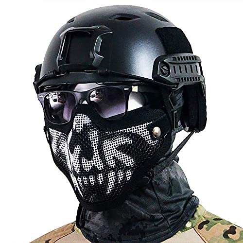 Airsoft Mask and Goggles Set - Steel Mesh Half Face Mask with Pattern - Black