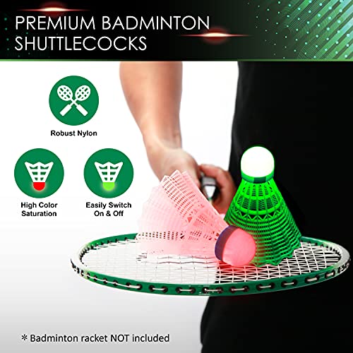LED Glow-in-the-Dark Nylon Badminton Shuttlecocks - 4 Pack Night Birdies