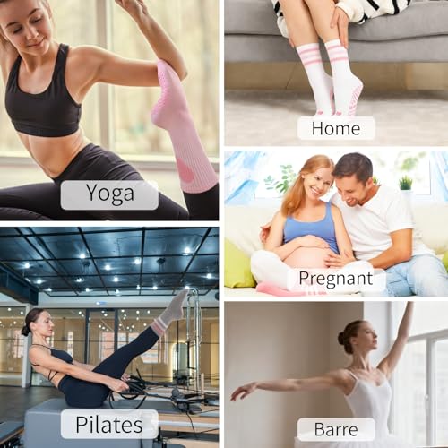 Pilates Socks with Grips for Women - Heart Striped, 5 Pack