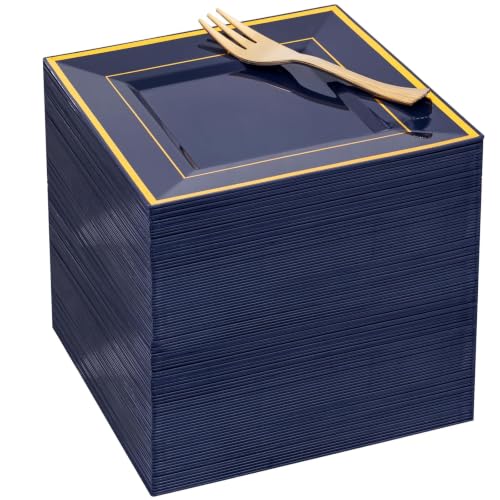Blue and Gold 6-Inch Square Disposable Dessert Plates with Forks - 100 pcs - Wedding & Party