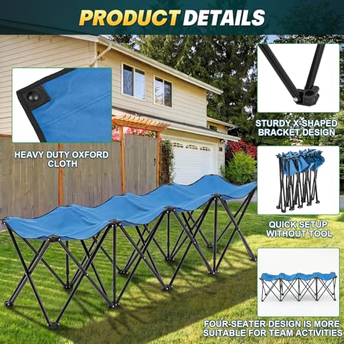 4-Seat Blue Folding Soccer Team Bench - Portable Sideline Chair