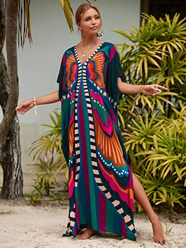Sunforyou Women's Butterfly One Size V-Neck Batwing Sleeve Kaftan Dress Beach Cover Up