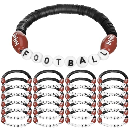Football Bracelets - 24 Pcs Adjustable Clay Beaded Set - Black
