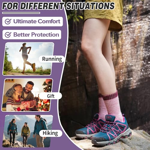 SAVALOS Merino Wool Hiking Socks 5 Pairs - Thermal Warm Moisture-Wicking Crew Socks for Women, Medium / Khaki/Red/Purple/Green/Dark