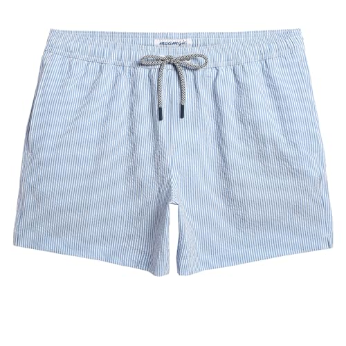 Maamgic Men's 5.5 Inch Seersucker Swim Trunks XL Blue Stripe Quick Dry Beach Shorts with Mesh Liner