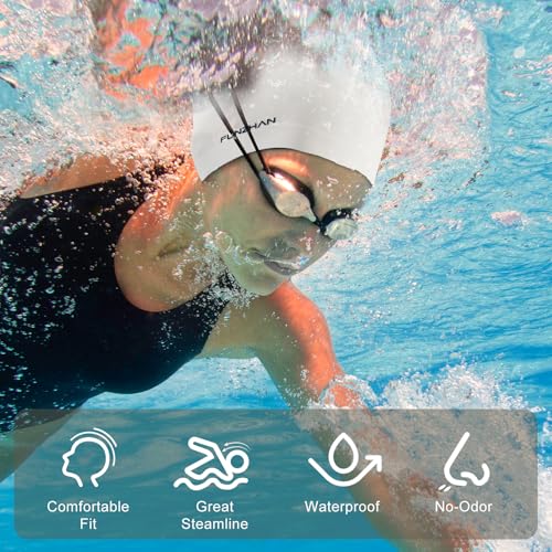 Silicone Swim Cap - Waterproof Non-Slip for Long & Short Hair - White, Large
