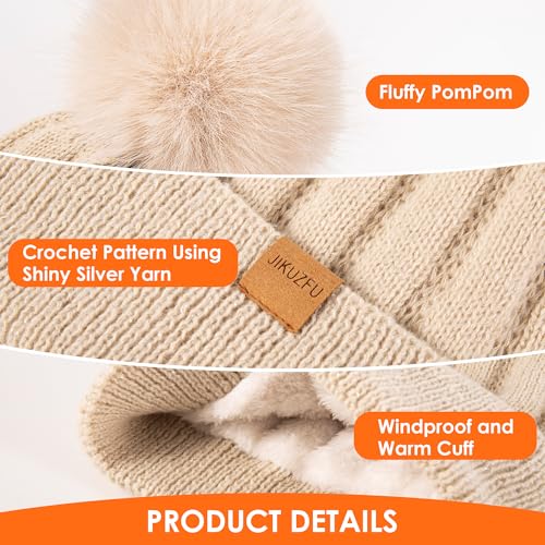 Women's Winter Beanie Hat, Fleece Lined Knit Cap with Faux Fur Pom Pom - Lightgrey