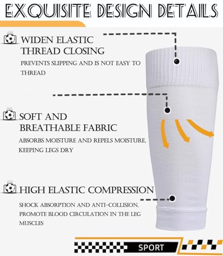 Kids Grip Soccer Socks and Shin Guard Sleeves - White, Age 7-14
