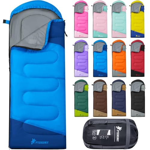 PTEROMY 50°F-80°F 3-Season Sleeping Bag for Adults, Lightweight & Water-Resistant, Blue