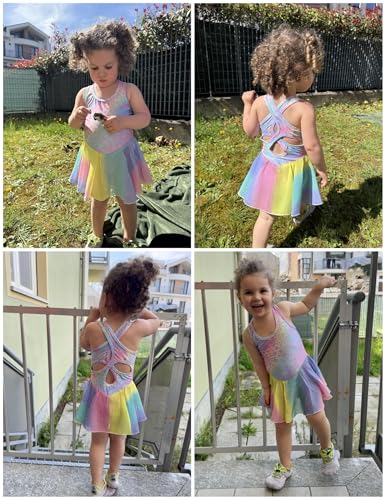 Arshiner Girls 4-5T Rainbow Leopard Hollow Back Ballet Leotard with Skirt - Sleeveless Dance Dress