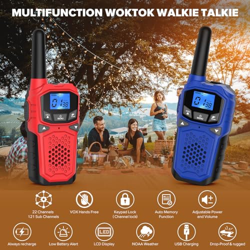 WokTok Long Range 3-Pack Two-Way Radio Walkie Talkies for Camping Hiking, SOS, NOAA Weather Alert, Rechargeable Batteries, Red-Blue-Purple