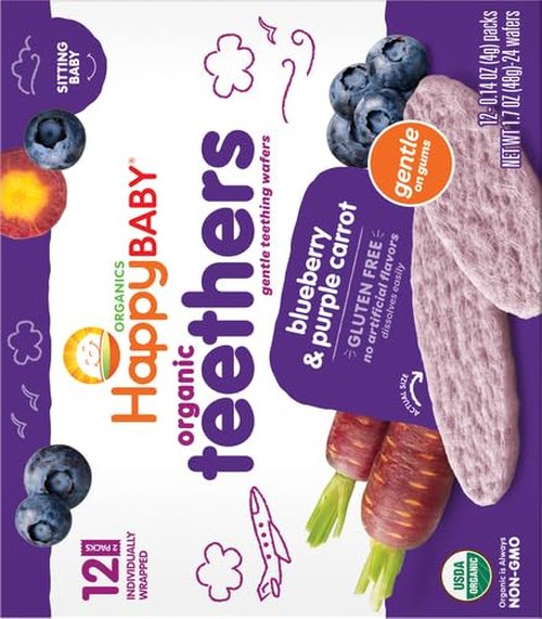 Happy Baby Organic Teething Wafers - Soothing Blueberry & Purple Carrot Rice Cookies | 0.14 Oz Packets (Box of 12)