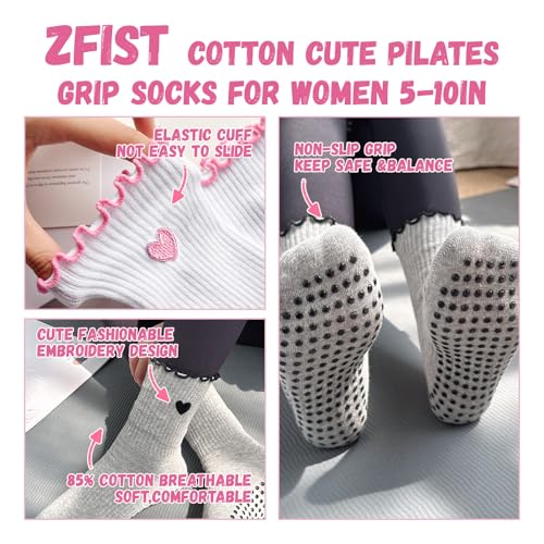 ZFiSt Pilates Grip Socks for Women - Ruffle Cotton Yoga Socks, Multi-Color Set with 6 Heart, Black, Beige, Brown, Pink - Comfortable Non-Slip Fit