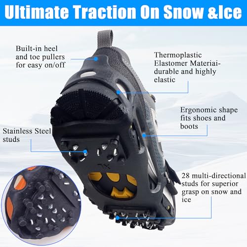 VATEICO X-Large Ice Cleats for Snow Shoes and Boots - 28 Spikes, Unisex, Size US Women 11.5-14 / Men 10-13