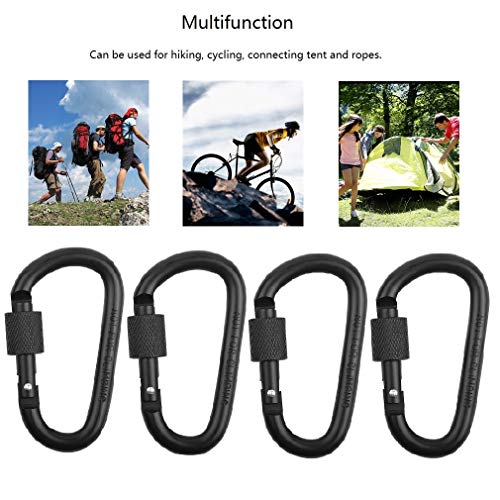 Locking Carabiner Clip - 3 Inch D Ring Aluminum Hook, Black 4pcs