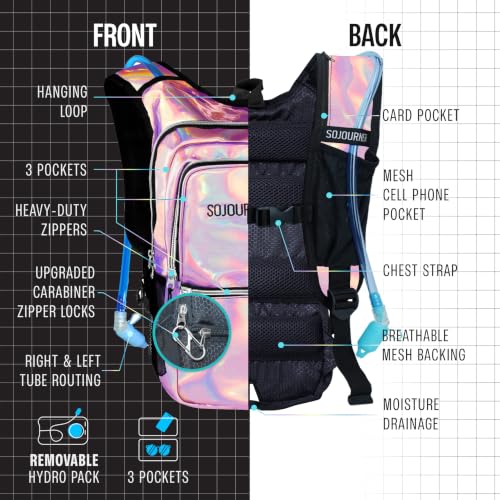 Hydration Pack Backpack - 2L Bladder, Holographic Pink - Festival Essential