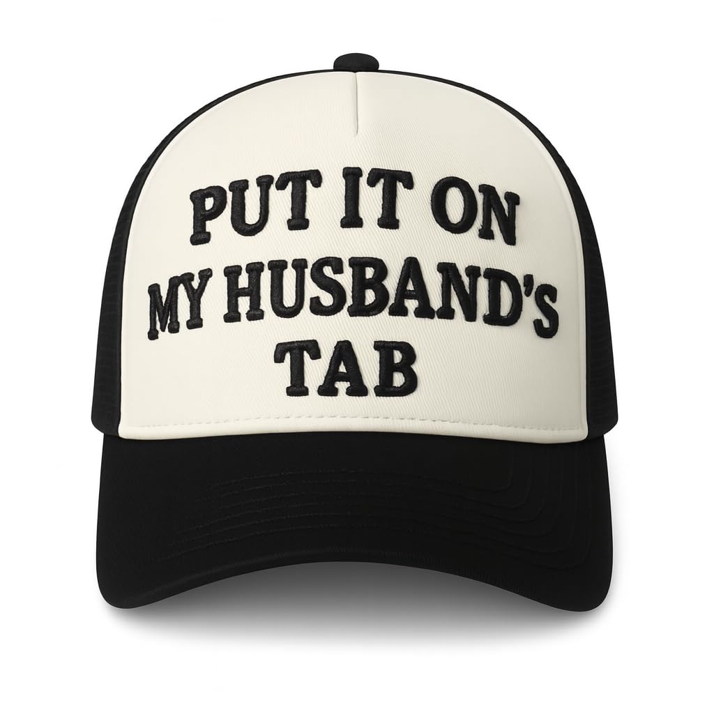 Put It On My Husband’s Tab – Funny Women’s Trucker Hat – 3D Embroidered Mesh Cap, Adjustable Snapback, Retro 5-Panel Baseball Hat