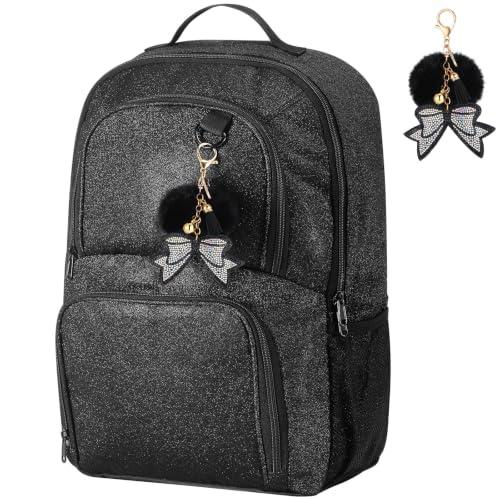 Large Black Cheer Backpack with Bow Keychain - Multi Pockets