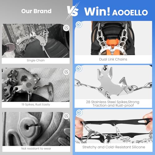 AOOELLO Black Large Ice Crampons with 28 Stainless Steel Spikes for Hiking & Mountaineering