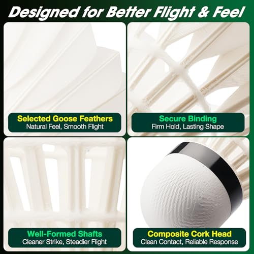 Goose Feather Badminton Shuttlecocks - 4-Pack with Cork Head