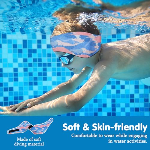 Kids Swim Headband - Neoprene Water Earplug Guard, Medium Tie-dye Blue